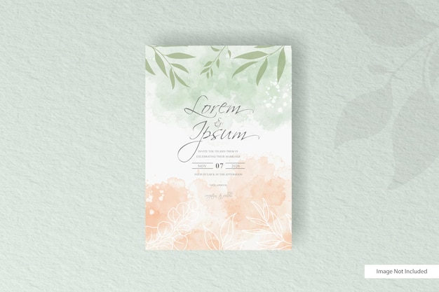 Minimalist wedding invitation card with geometric line and abstract colorful watercolor splash