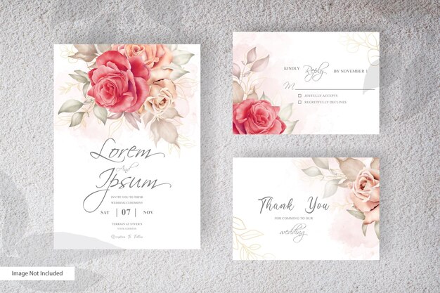 Minimalist wedding invitation template set with watercolor and minimalist flower arrangements