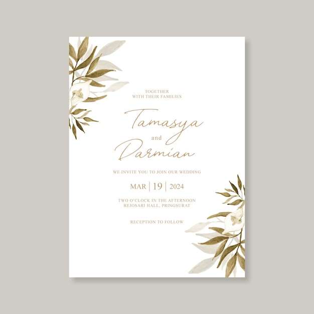 minimalist wedding invitation template with floral watercolor