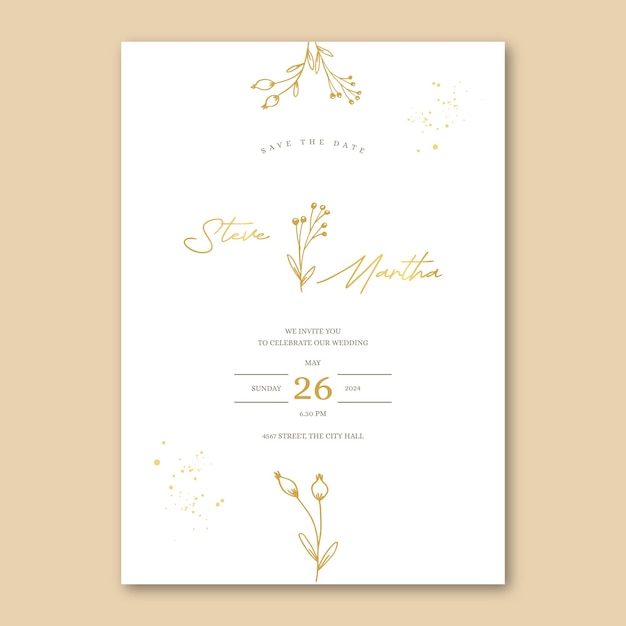 Minimalist wedding invitation template with gold hand drawn floral