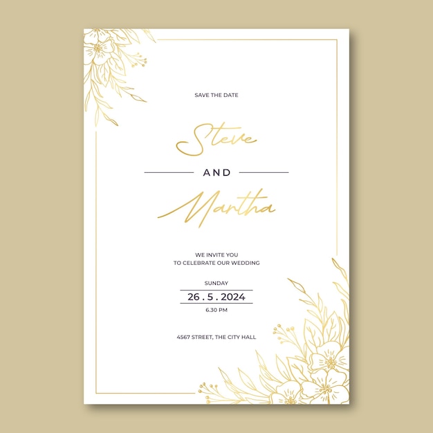 Vector minimalist wedding invitation template with gold hand drawn floral