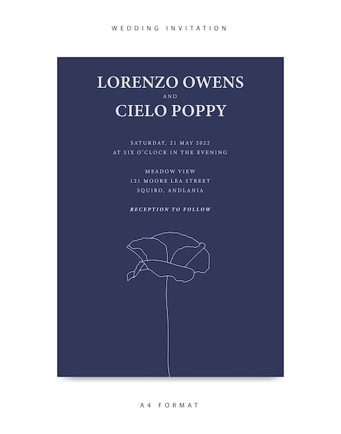 Minimalist wedding invitation template with poppy flower