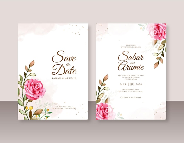 Minimalist wedding invitation template with rose watercolor painting
