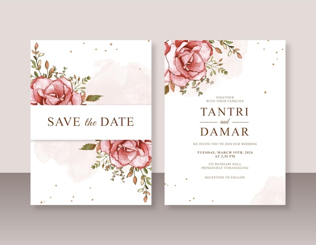 Minimalist wedding invitation template with rose watercolor painting