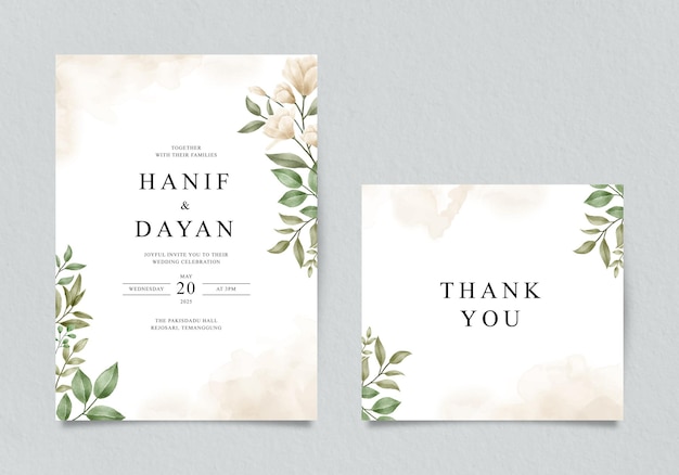 Минималистское свадебное приглашение и благодарственная открытка с цветами и листьями