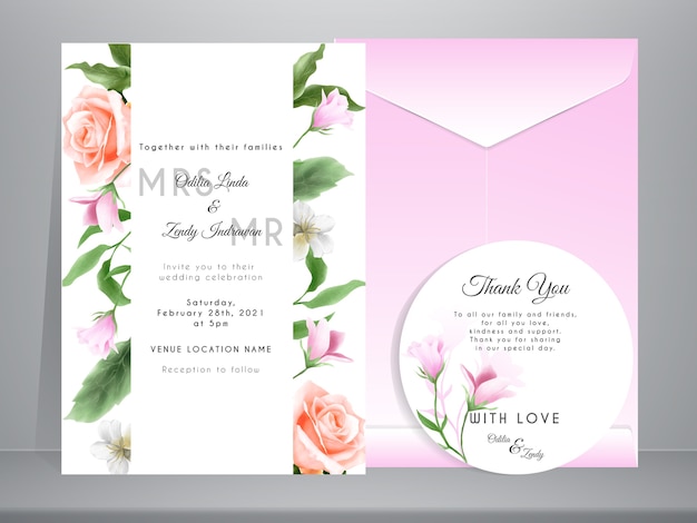 Minimalist wedding invitation with elegant hand drawn flower and leaves