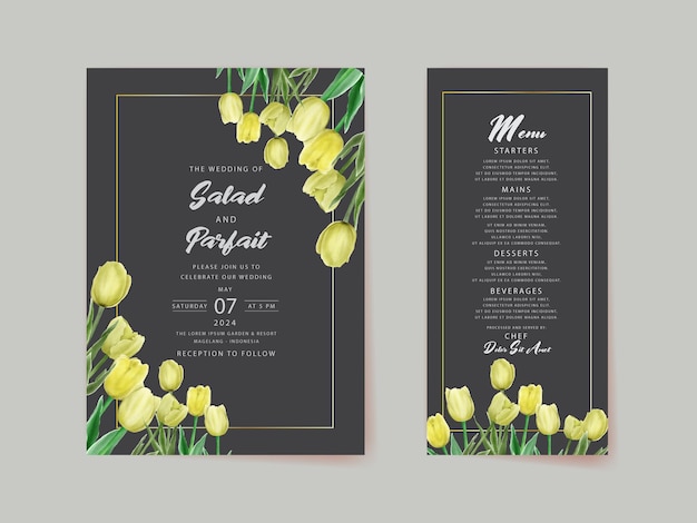 minimalist wedding invitation with greenery tulip watercolor