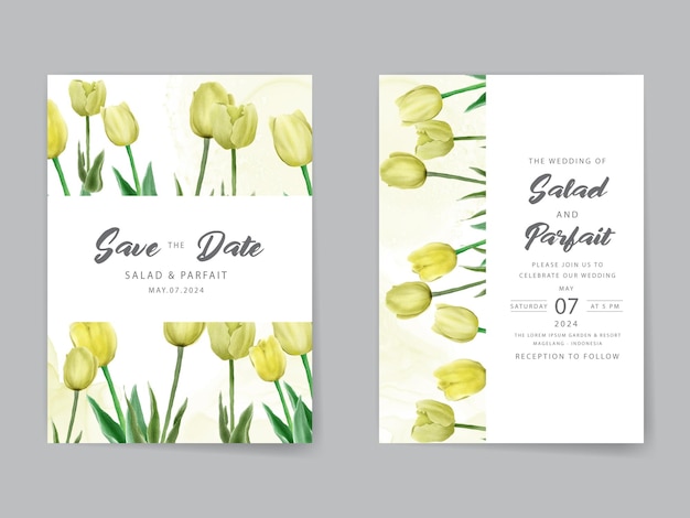 minimalist wedding invitation with greenery tulip watercolor