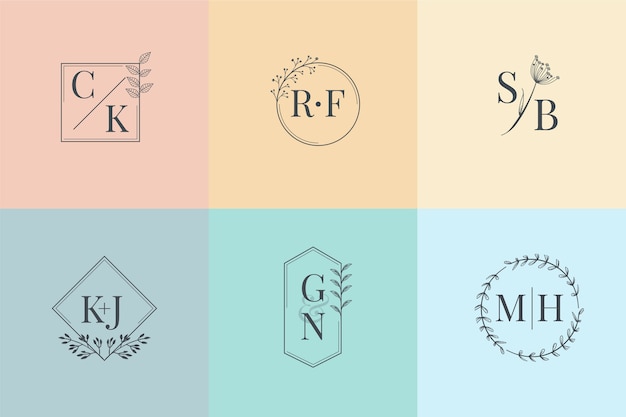 Vector minimalist wedding monograms in pastel colors set