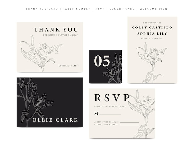 Minimalist wedding stationary template with lily floral