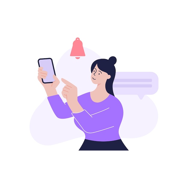 Minimalist woman chatting online alert message smartphone scrolling social networks vector