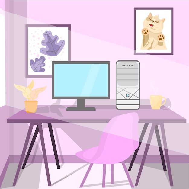 minimalist work space monitor cpu table and chairs on a purple background full of light