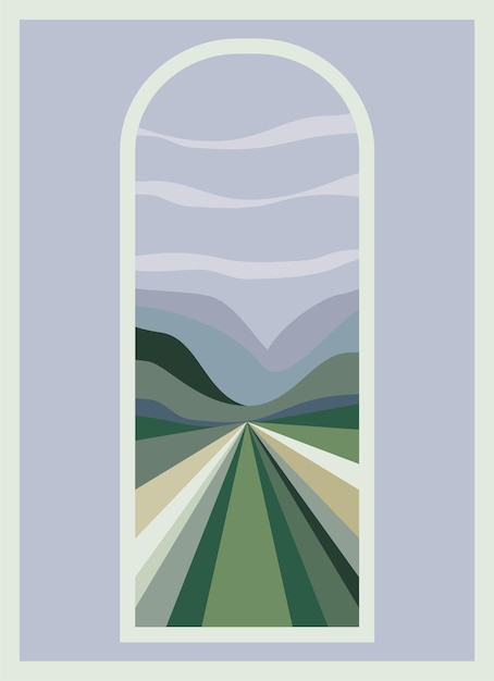 Minimalistic aesthetic landscape with mountains and road view Boho wall print decor in flat style