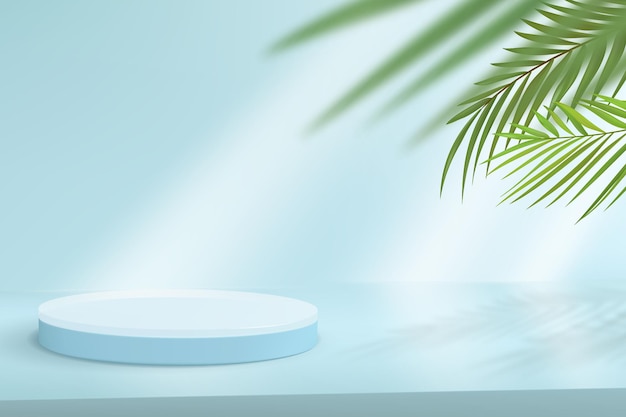 Minimalistic background with podium for product demonstration. Abstract scene in blue tones with tropical leaves on the background.