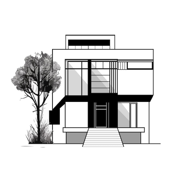 A minimalistic black and white vector of a geometric house