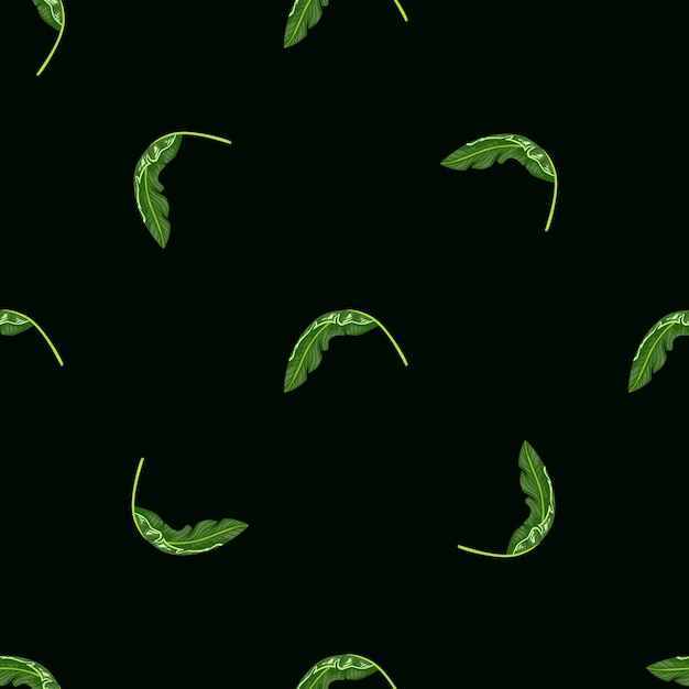 Reticolo senza giunte di botanica minimalista con piccole forme di foglie tropicali verdi. sfondo nero. illustrazione vettoriale per stampe tessili stagionali, tessuti, striscioni, fondali e sfondi.
