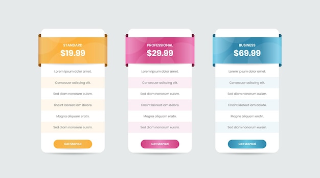 Minimalistic business comparison pricing list design for ui and web template