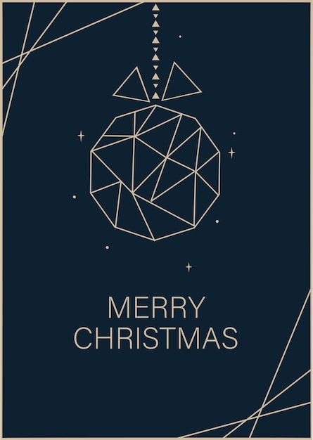 Minimalistic christmas card with ball, sparkles on dark blue background in geometric style