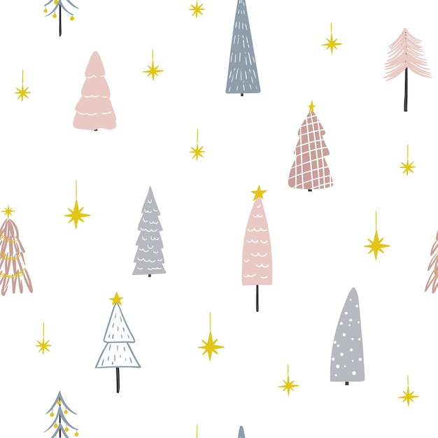 Vector minimalistic christmas tree seamless pattern hand drawn cute trees and stars on white background