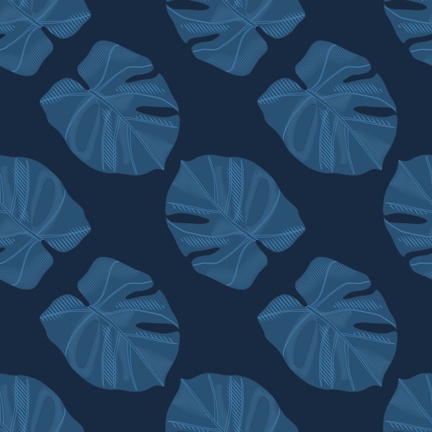 Minimalistic dark monstera silhouettes seamless doodle pattern. navy blue tones palm foliage