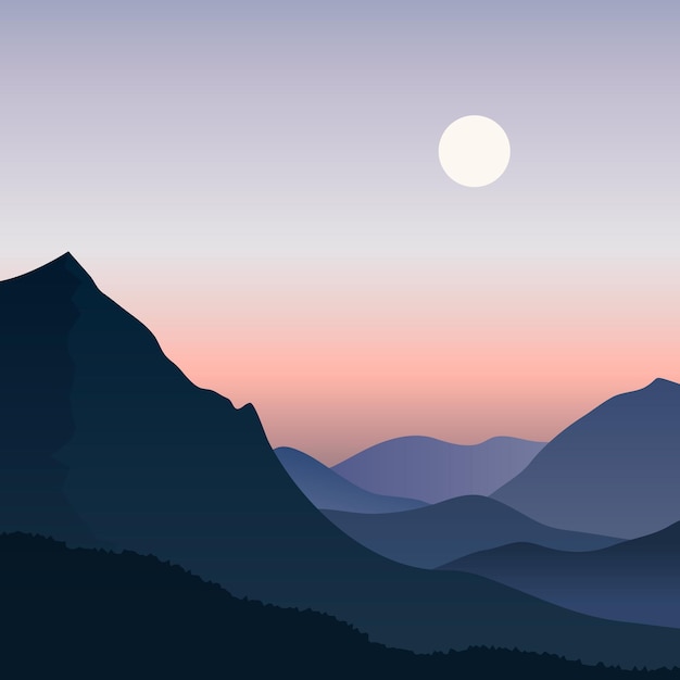 Minimalistic flat landscape with blue mountains on the background of the sky with the moon