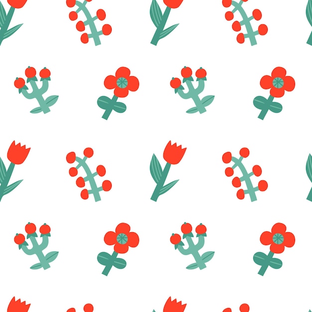 Minimalistic floral pattern with red flowers and berries.
