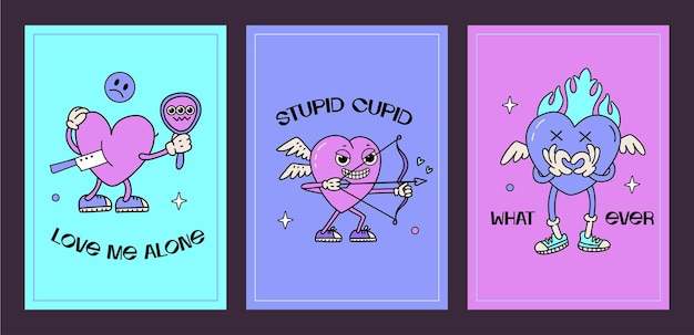 Vector minimalistic groovy yk anti valentines day posters set with comic slogans trendy emo s style happy
