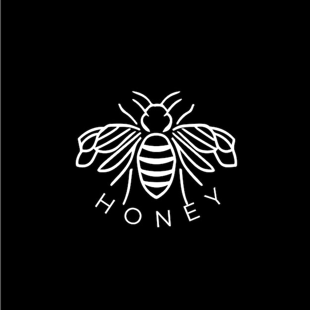 Minimalistic honey logo template white icon of bee silhouette on black background bumblebee modern logotype concept sketch tattoo Vector illustration