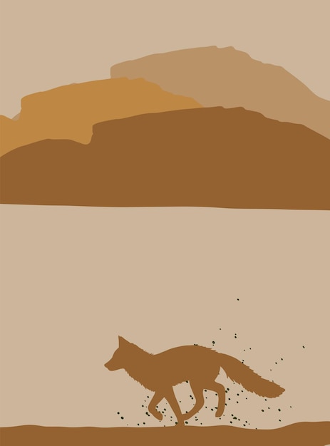 Minimalistic landscape with mountains and fox. Modern poster. Vector art.