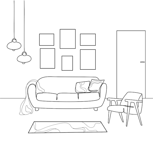 Minimalistic living room interior line art sketch drawing with a sofa, armchair, empty frames.Vector