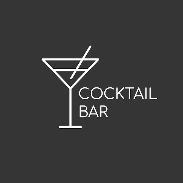 Logo minimalista per bar, negozio, ristorante alcolico. bicchiere da cocktail martini con cannuccia su fondo nero con la scritta 