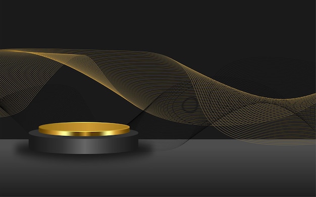 Minimalistic luxurious podium with wave line for show your product. 3d cylinder on black background