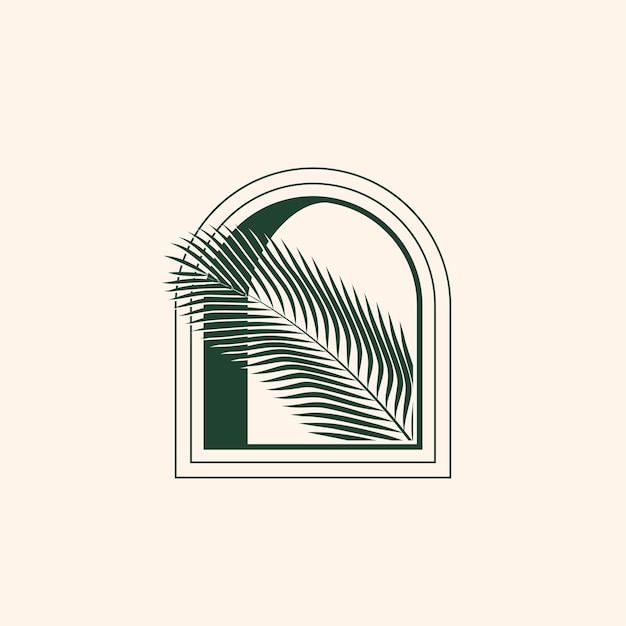 Minimalistic palm tree leaf coming out from arch window silhouette logo design template