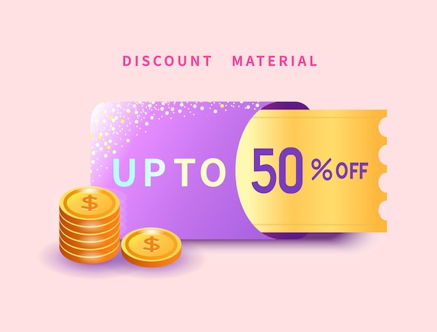 Vector minimalistic purple sale template banner with coin in color up to 50 off