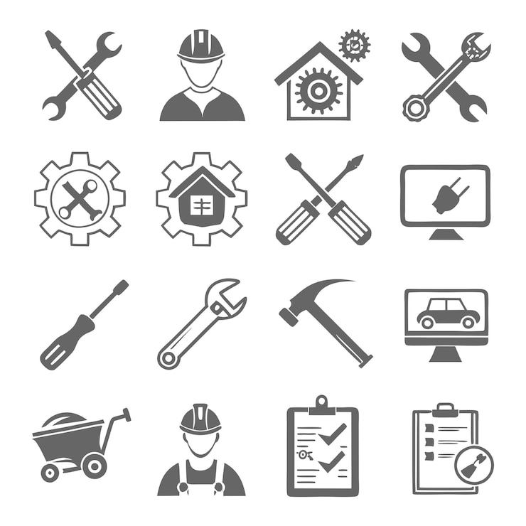 Vector minimalistic repair and maintenance silhouette icons set collection