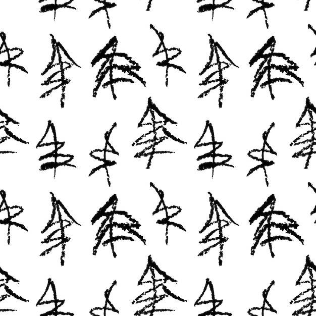 Minimalistic seamless pattern with hand drawn trees. Stylish modern pattern with doodled fir trees. Outlined sketchy background.