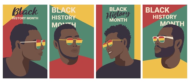 Vettore set di poster minimalisti di ritratti vettoriali di uomini con gli occhiali black history month