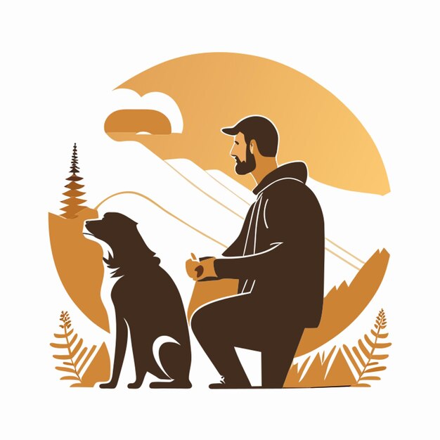 ベクトル 人間と彼の犬のベクトル図のミニマルなトレース イラスト
