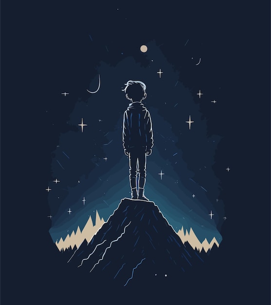 Vettore disegno vettoriale minimalista di un ragazzo che guarda il cielo notturno