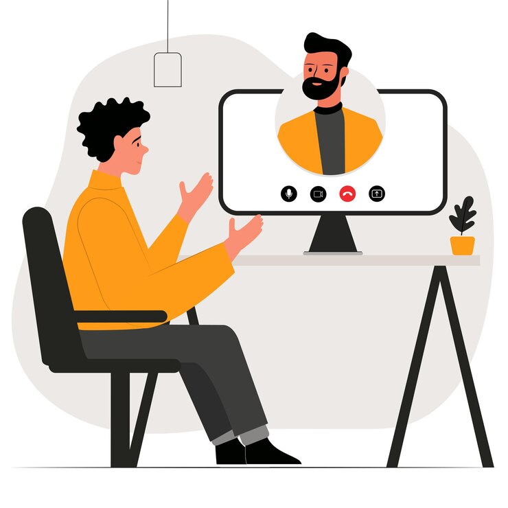 Minimalistic vector illustration of a guy talking to his coworker through online meeting