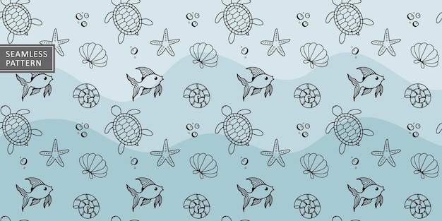 Minimalistic vector seamless pattern with marine inhabitants fish turtles shells molluscs starfish for textile and wrapping paper