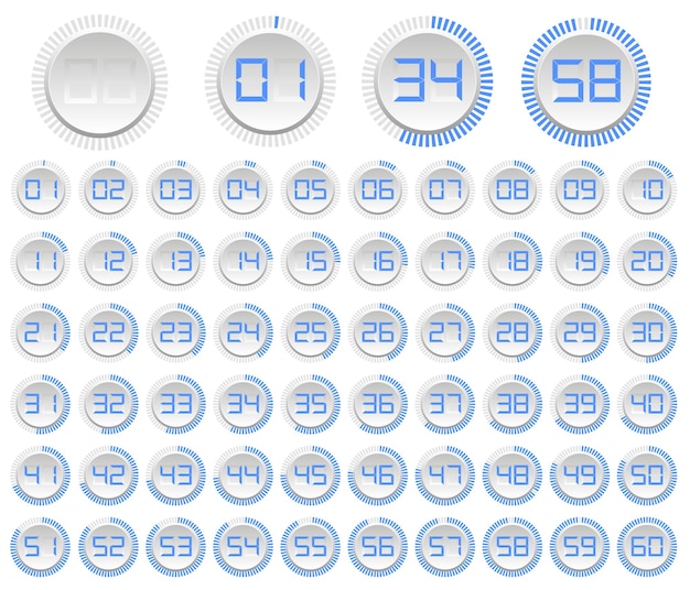 Vettore orologio minimalista. i quadranti moderni sono isolati su sfondo bianco. conto alla rovescia per 60 secondi e minuti. set di icone vettoriali isolate. illustrazione vettoriale