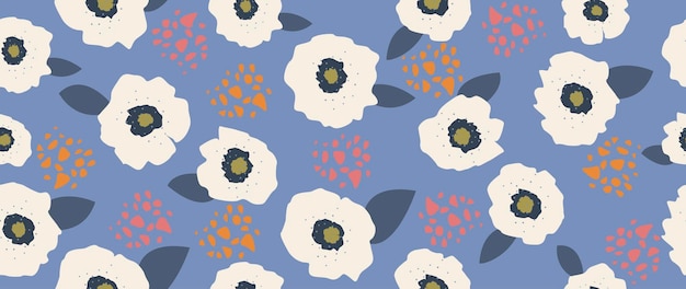 파란색 배경의 미니멀리즘 흰색 추상 꽃 현대 패션 인쇄 섬유에 적합