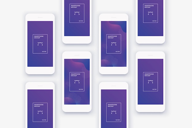 Vettore telefoni bianchi minimalistici sullo sfondo molti mockup set di smartphone