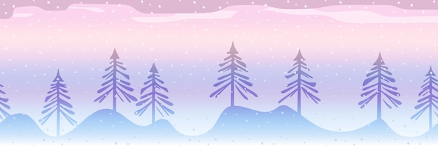 Vector minimalistic winter landscape cartoon nature forest and falling snow seamless border