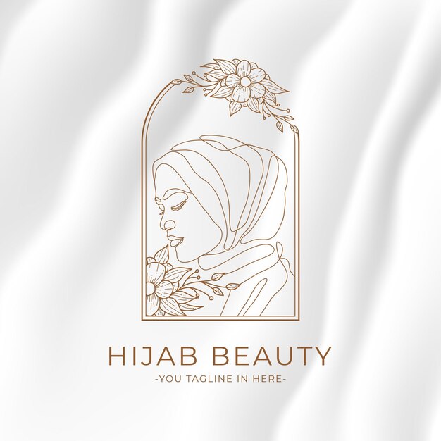 Concetto di bellezza del logo hijab delle donne minimaliste, disegno continuo della linea del modello