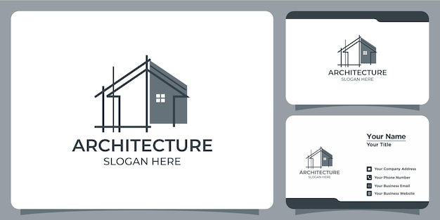 Minimalistisch architectuurlogo met logo-ontwerp in lijnstijl en sjabloon voor visitekaartjes