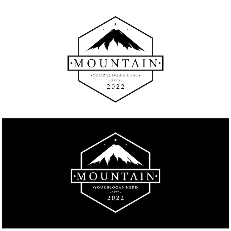 Vector minimalistisch berg- en zonlogo-ontwerp in vlakke kleuren verpakt met moderne concepten vectorillustratie