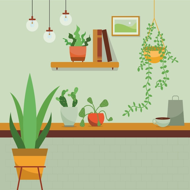 Minimalistisch interieur Groene plant en boek koffie Meubilair afbeeldingsframe in keuken Cartoon vectorillustratie