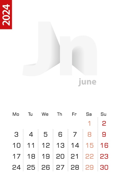 Vector minimalistisch kalendersjabloon voor de vectorkalender van juni 2024 in het engels